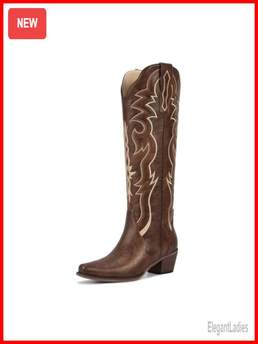 Faux Leather Knee High Western Cowboy Boots Snip Toe Block Heel Comfortable